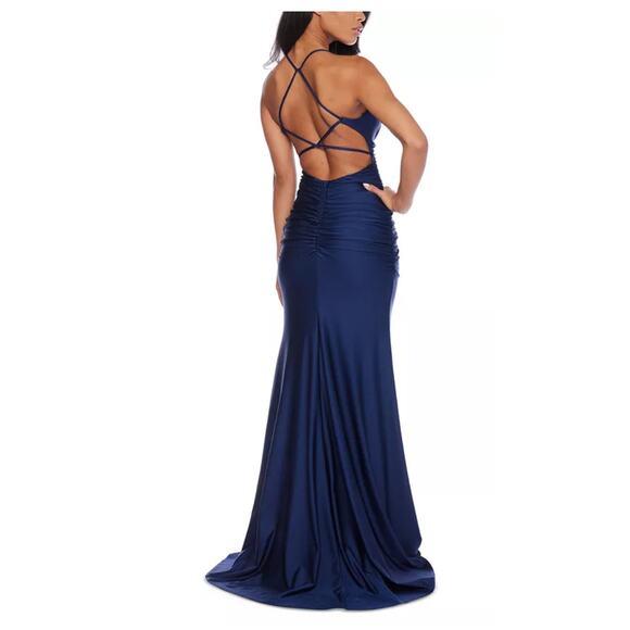 B Darlin Navy Blue Ruched Spaghetti Strap Backless Dress Size 1/2 - Picture 1 of 11